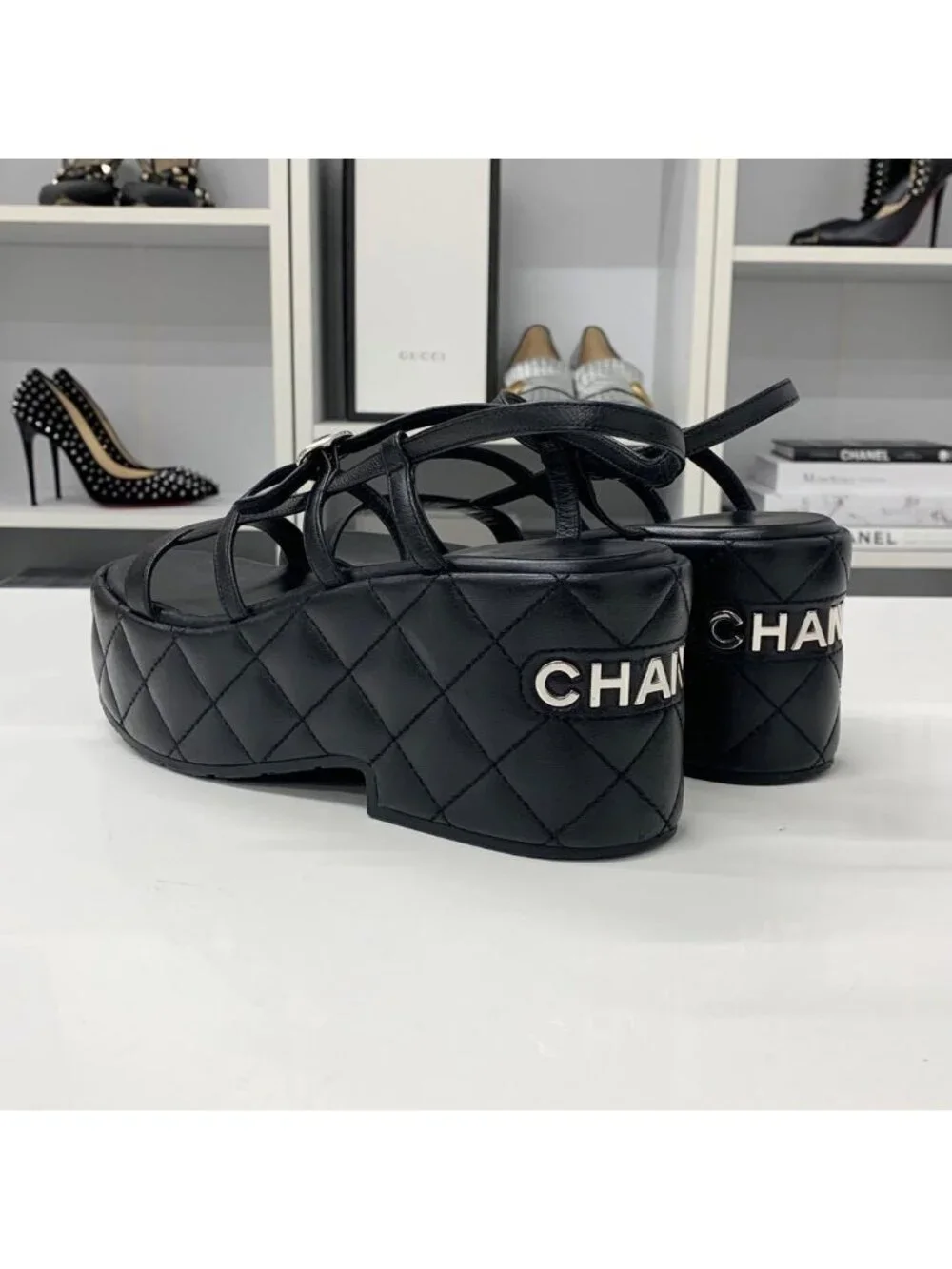 Chanel Quilted CC Logo Leather Strap Platform Sandals Black